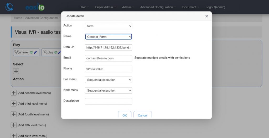 Form configuration with node.js API URL link in "data Url" field.