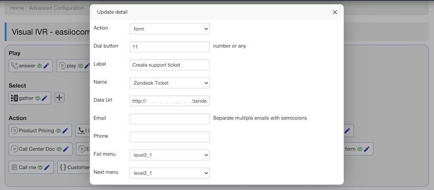 Easiio web chat ITR integration step 2. Configure the ticket form and API.