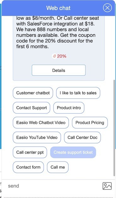 Easiio web chat ITR integration with Zendesk running in web site chat UI