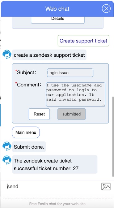 Easiio web chat form submit to Zendesk and check results.