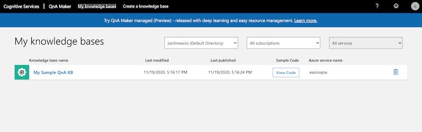 QnAMaker My knowledge bases page