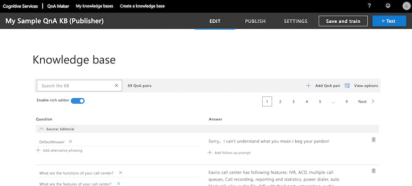 Microsoft QnAMaker edit knowledge base Questions and Answer.
