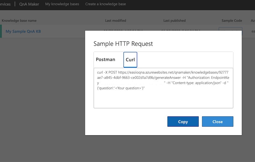 Get the curl command to test the QnAMaker from command line.
